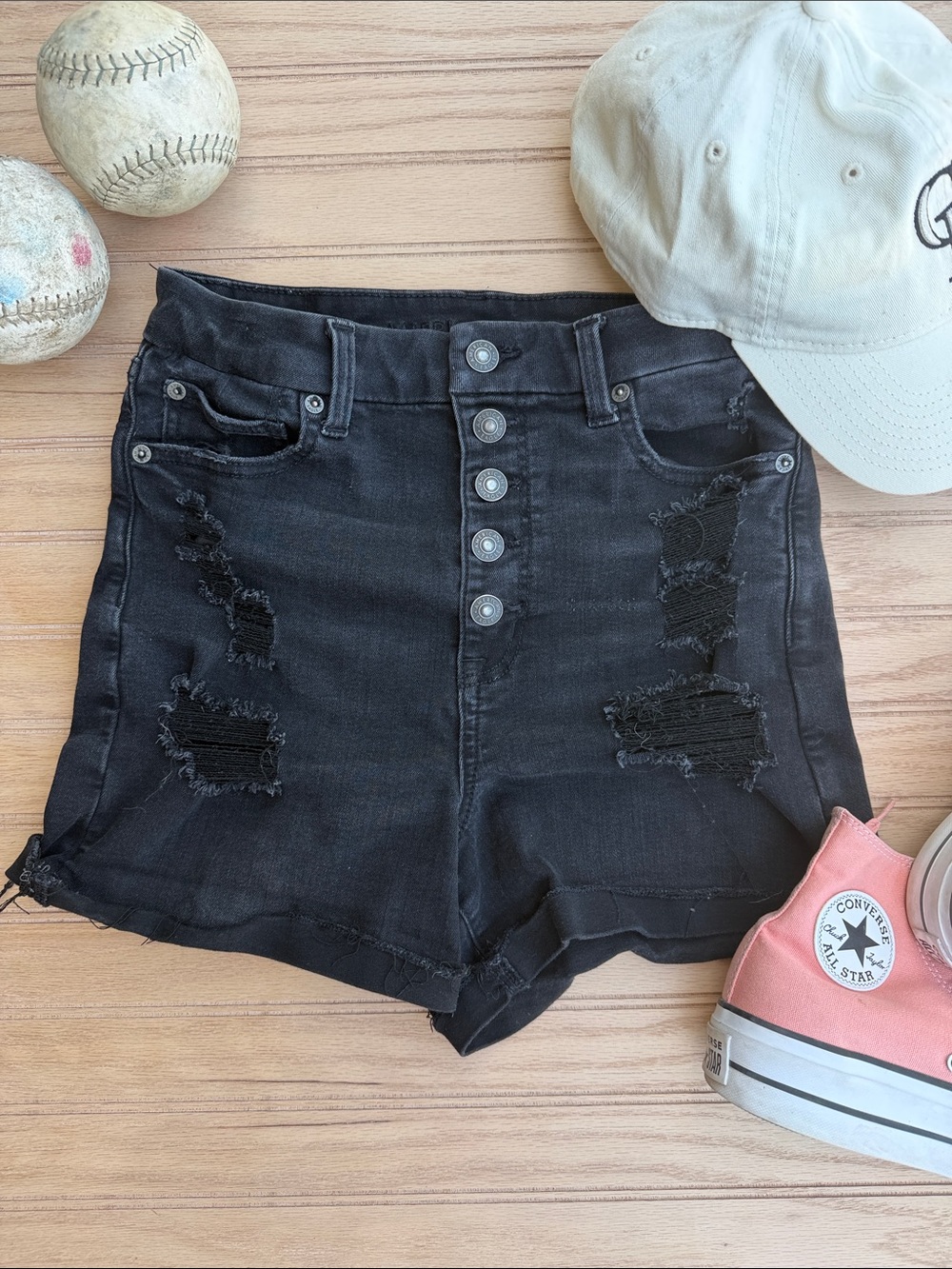 American Eagle Outfitters Black Curvy Super High-Waist Distressed Denim Shorts